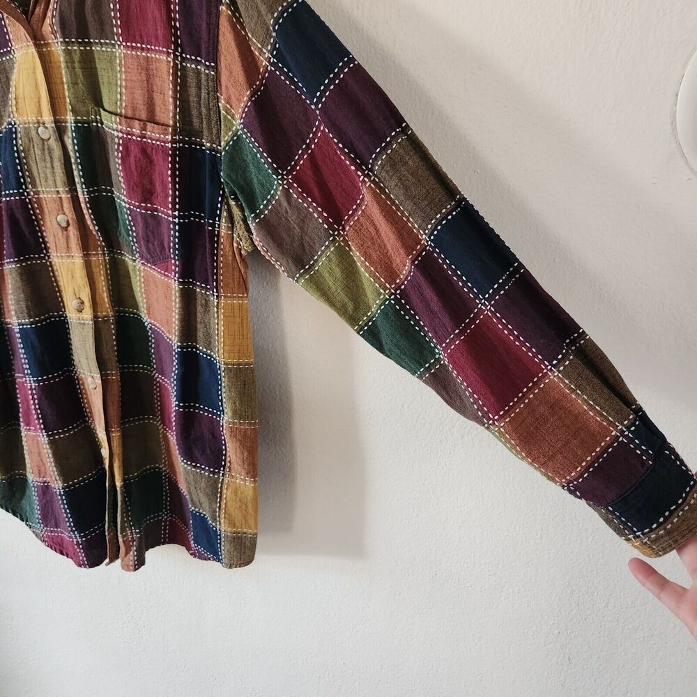 Angelique Fall Red Rust Green Plaid Embroidered Long Sleeve Buttoned Down L - Picture 4 of 6